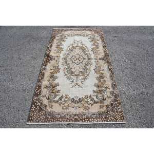 Alfombra turca clásica Beige marrón tradicional Vintage de 3,7x6,9 pies de lana de tejido plano de látex de retazos para espacio rectangular de pasillo - Product Image 1