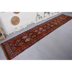 2.5x12.3 ft Vintage Turkish <b>Red</b> Orange Patchwork <b>Wool</b> Eco-Friendly Rug with Latex Backing - Product Image 1