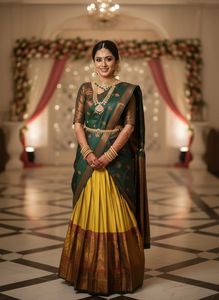 Nuevo y Más Vendido: Elegante Lehenga Saree de Seda/Algodón Kanjiveram para Mujer, Teñido Liso, con Blusa - Product Image 3