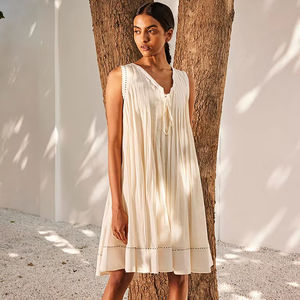 Robe d'été sans manches 100 % coton, respirante, écologique, brodée, mini-longueur, style vintage, décontractée, douce, évasée, naturelle, lavable - Product Image 1