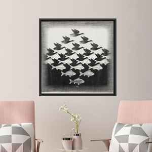 Art mural sur toile style Escher avec poisson et oiseau, décoration abstraite moderne, encadré noir - Product Image 1