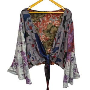 Light Weight Short Shirt Free Size Short Silk Top Wrap dress Vintage Sari Fabric wrap top Floral Print Boho Top - Product Image 1