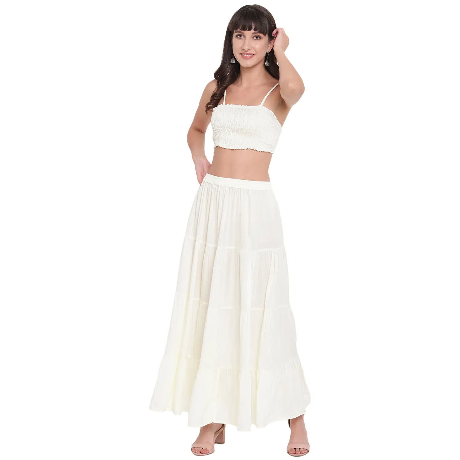 Women's Rayon Solid Ivory Skirt Top Set Two Piece Prom Smoked Dress with Sleeveless Shoulder Strap (AM082)