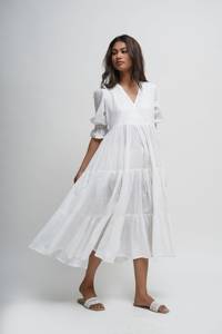 Bông Trắng Midi Dress Boho Áo Với Túi Mùa Hè Thoải Mái Lỏng Phù Hợp Với Dệt Lớp Lớp Thân Thiện Với Môi Nút Trang Trí - Product Image 2