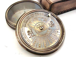 Solid Brass <b>Antique</b> <b>Compass</b> 40-Year Perpetual Calendar Lightweight Portable Wood Case Nautical Leather Case Handcrafted - Product Image 3