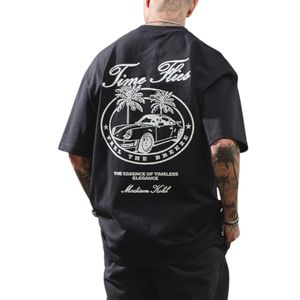 Time Flies camiseta de gran tamaño negro 300 GSM algodón peso medio Jersey ajuste relajado Boxy caído hombro costilla cuello ropa de calle de lujo - Product Image 5