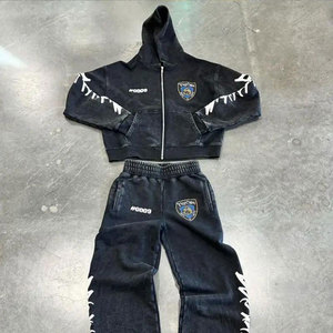 Conjunto Deportivo Vintage con Cremallera Completa, Pantalones Deportivos Acampanados y Sudadera con Capucha para Hombre, Estilo Urbano, Transpirable, Secado Rápido, 100% - Product Image 1