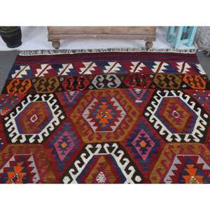 5.5x8.5 ft Rug, Vintage Turkish Rug, <b>Red</b> Kilim <b>Wool</b> Rug - Product Image 3