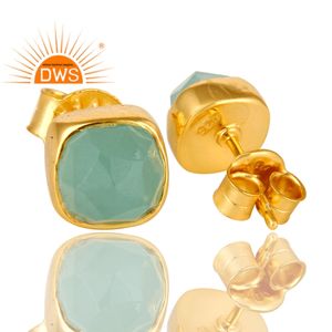 <b>Small</b> Cushion Shape 925 <b>Silver</b> <b>Studs</b> Gold Plated Jewelry Aqua Chalcedony Gemstone <b>Stud</b> Earrings Manufacture Classic Collection - Product Image 4