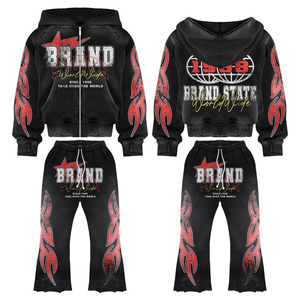 Acid Wash 2-Piece Men's Winter <b>Tracksuit</b> Set Vintage Flared Sweatpants Full Zip Hoodie Regular Fit OEM Printed High Street Style - Product Image 5