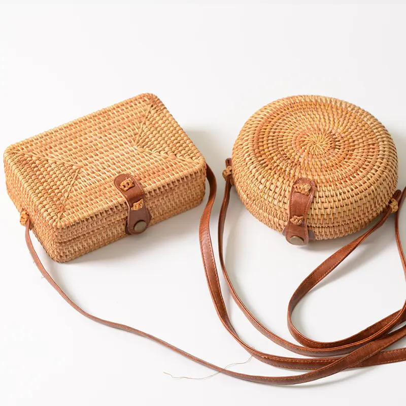 Шикарные Модные круглые соломенные сумки из ротанга с кожаным ремешком, вьетнамская экспортная популярная ручная сумка