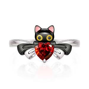 Jeulia Petland Two Tone Cute Black <b>Cat</b> Heart Bow Fashion <b>Ring</b> - Product Image 1