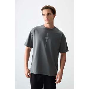 T-shirt pour homme en coton kaki, épais, doux, texturé, coupe ample, imprimé - 88373 - Kaki - Product Image 1