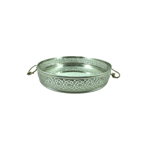 Ensemble de 3 plateaux ronds en métal et verre de taille moyenne au design luxueux plateau couleur argent et nickel pour ustensiles de cuisine décoratifs faits à la main - Product Image 1