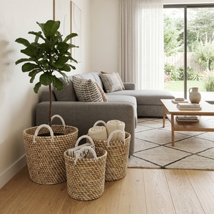 Natural Seagrass Storage <b>Basket</b> Set White Rope Wrapped Handle Round Planter Pot Laundry Bin Setup Decor Pure Art Room Design - Product Image 6