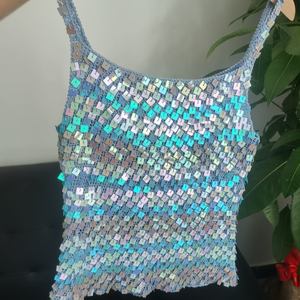 2025 New Fashionable Women's Square Customizable Handmade Crochet Solid Color <b>Sequin</b> Strap <b>Top</b> - Product Image 1