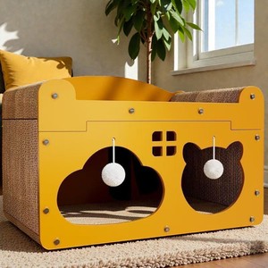 Lit grattoir pour chat en bois élégant pour l'intérieur, centre d'activités pour animaux de compagnie à 2 niveaux avec balles de jeu suspendues, service OEM - Product Image 4