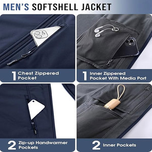 Chaqueta Softshell de diseño personalizado para hombre, abrigo de poliéster impermeable a prueba de viento, capucha polar, tela vaquera, cierre de cremallera, soporte sólido - Product Image 4