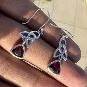 Natural Trillion Cut Red <b>Garnet</b> Gemstone 925 Sterling Silver Dangle Drop <b>Earrings</b> for Women - Product Image 2