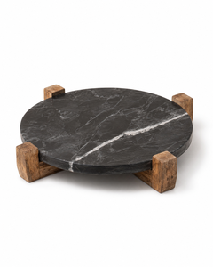 Wholesale Modern Luxury <b>Black</b> Marble Round Serving Riser <b>Tray</b> with Natural Wooden Legs for Hotel and Home Decor - Product Image 2