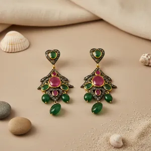 Pendientes de Moda Vintage para Mujer, Chapados en Oro, con Jade y Rubí en Forma de Corazón, Engaste de Bisel, Joyería de Fiesta, Aleación - Product Image 2