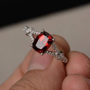 Vintage Garnet <b>Ring</b> Cushion Cut Natural Gemstone Silver <b>Split</b> Band Engagement January Birthstone Third Party Certified Prong Set - Product Image 1