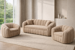 Canapé-lit Mabelia moderne en bois pour appartement, salon ou hôtel, avec rembourrage personnalisé, coussins en mousse haute densité, accoudoirs incurvés et boutons - Product Image 3