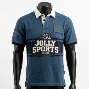 Chemise de rugby pour homme, 240 GSM, coton piqué premium, bleu, panneau à rayures contrastées, logo en relief, personnalisable, pour chemises polo - Product Image 2