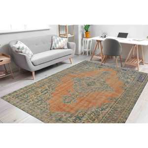 Tapis turc imprimé orange de style vintage, design Oushak, tapis en chenille - Product Image 3