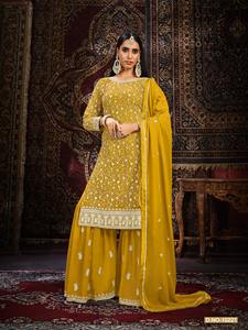 Traje Sharara de Diseño Moderno con Bordado de Lentejuelas en Georgette Sintético Pesado, Sari Pakistaní de Alta Calidad para India - Product Image 4
