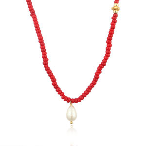 Bijoux de plage d'été pour femmes pendentif de perles d'eau douce naturelles avec collier de perles rouges minuscules collier de perles de rocaille causal quotidien - Product Image 4