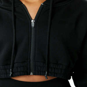 55% Cotton, 45% Spandex Drop Shoulder Style Oversized Cropped Fit <b>Black</b> Women Classic Capital Full-Zip Crop Hoodie - Product Image 5