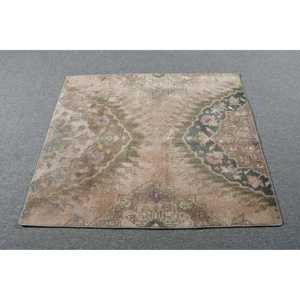 Vintage Small Rug 3.2x3.7 ft, Turkish <b>Brown</b> Check <b>Wool</b> Rug - Product Image 3