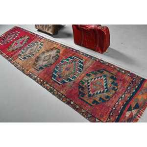 2.9x11.5 ft Vintage Turkish Rug, <b>Runner</b> Rug, <b>Red</b> Herki Oriental Rug - Product Image 4