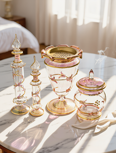 Pink Glass Bakhoor Gift Set 4 Pieces Hand Blown Mabkhara Lidded Jar 2 Perfume Bottles Gold Decorated Egyptian Gift - Product Image 3