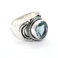 Bague statement en argent sterling 925 avec topaze bleue, faite à la main, style bohème vintage, bijoux de cocktail pour femmes et hommes