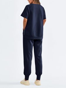 2025 femmes hiver survêtement décontracté survêtement salon ensembles col rond à manches courtes hauts pantalons de survêtement longs motif solide 2 pièces tenues - Product Image 3