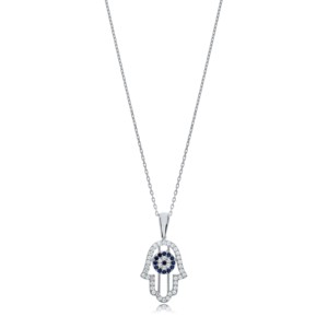 Hamsa <b>Eye</b> Sapphire CZ Stone Design Charm <b>Necklace</b> Pendant <b>Turkish</b> Handmade Wholesale 925 Sterling Silver Jewelry - Product Image 5