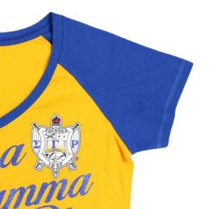 Sigma Gamma Rho SGRho V Neck Tee <b>Gold</b> Royal Blue 100 Cotton Printed Script Embroidered Crest Sorority Greek Life <b>Shirt</b> - Product Image 3