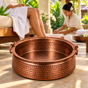 Bol de pédicure en cuivre martelé, portable, pour trempage et lavage, pour salon de beauté, massage des pieds, finition martelée, rond - Product Image 4