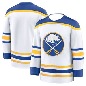 Camiseta de Hockey - Blanca con Detalles Azules/Amarillos, Logotipo Clásico de Bisonte y Espadas Cruzadas, Capa Base Cómoda para Otoño e Invierno - Product Image 3