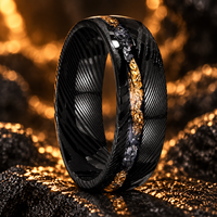 Bague pour homme JLM en acier Damas noir 8 mm avec incrustation de feuille d'or météorite, polie, pour mariage ou promesse, bijou masculin, vente chaude
