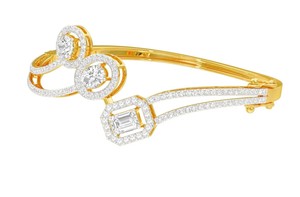 IGI Certified Mixed Shape Lab Grown Diamond Designer <b>Bangle</b> <b>Bracelet</b> in 14K Yellow / White / Rose Gold with Halo Setting - Product Image 2