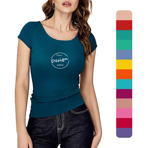 Camiseta de manga corta con cuello en V profundo para mujer, camiseta informal CVC 60% algodón 40% poliéster estampado de secado rápido para verano - Product Image 5