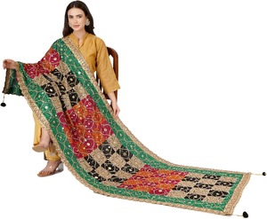 Intricate Mirror Stitch Dupatta <b>Green</b> Pink Embroidered Chinon <b>Silk</b> Ethnic Plain Style for Spring Season Printed for Muslims - Product Image 3