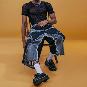 กางเกงขาสั้นผ้าเดนิมผ้าทวิลไซส์ใหญ่พิเศษสำหรับผู้ชายกางเกงขาสั้นลำลองสไตล์วินเทจทรงหลวมโลโก้ออกแบบได้ตามต้องการ - Product Image 5