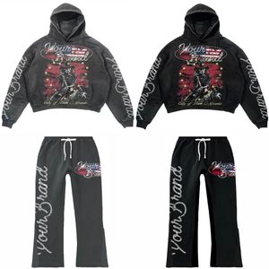 Ensemble de survêtement 2 pièces pour homme, survêtement graphique, 100% coton, sweat-shirt à capuche et pantalon de survêtement évasé, ensemble de survêtement imprimé à l'écran - Product Image 1