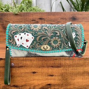 Unique Handcrafted Tooled Leather Crossbody Bag with Floral & Card embossing Genuine Leather Clutch Style Shoulder Bag for Women - Product Image 1