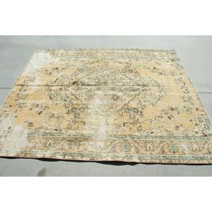 Vintage Area Rug 5.7x6.8 ft (173x207 cm), Turkish <b>Yellow</b> Ikat Rug - Product Image 2