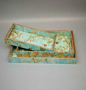 Ensemble de plateaux de service imbriqués en bois, motif floral bleu et blanc, rectangulaires, décoratifs, pour cuisine, table basse, cadeau - Product Image 3